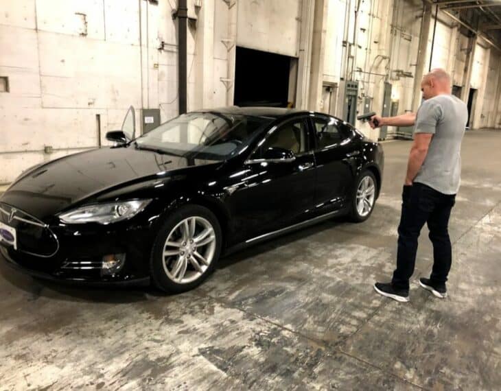 Jerry Rig Everything Shoots at a Tesla